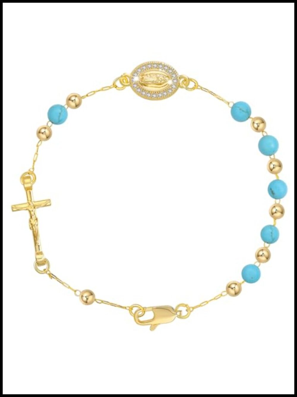 14K Gold Plated Virgin Mary Cross Bracelet Catholic Rosary Style with Natural